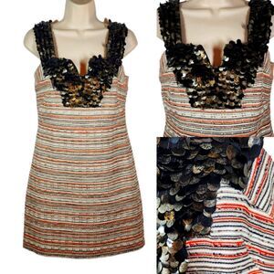 Vintage Y2K Milly Dress Linen Tweed Sequin Sleeveless Short Cream Brown Preppy 4